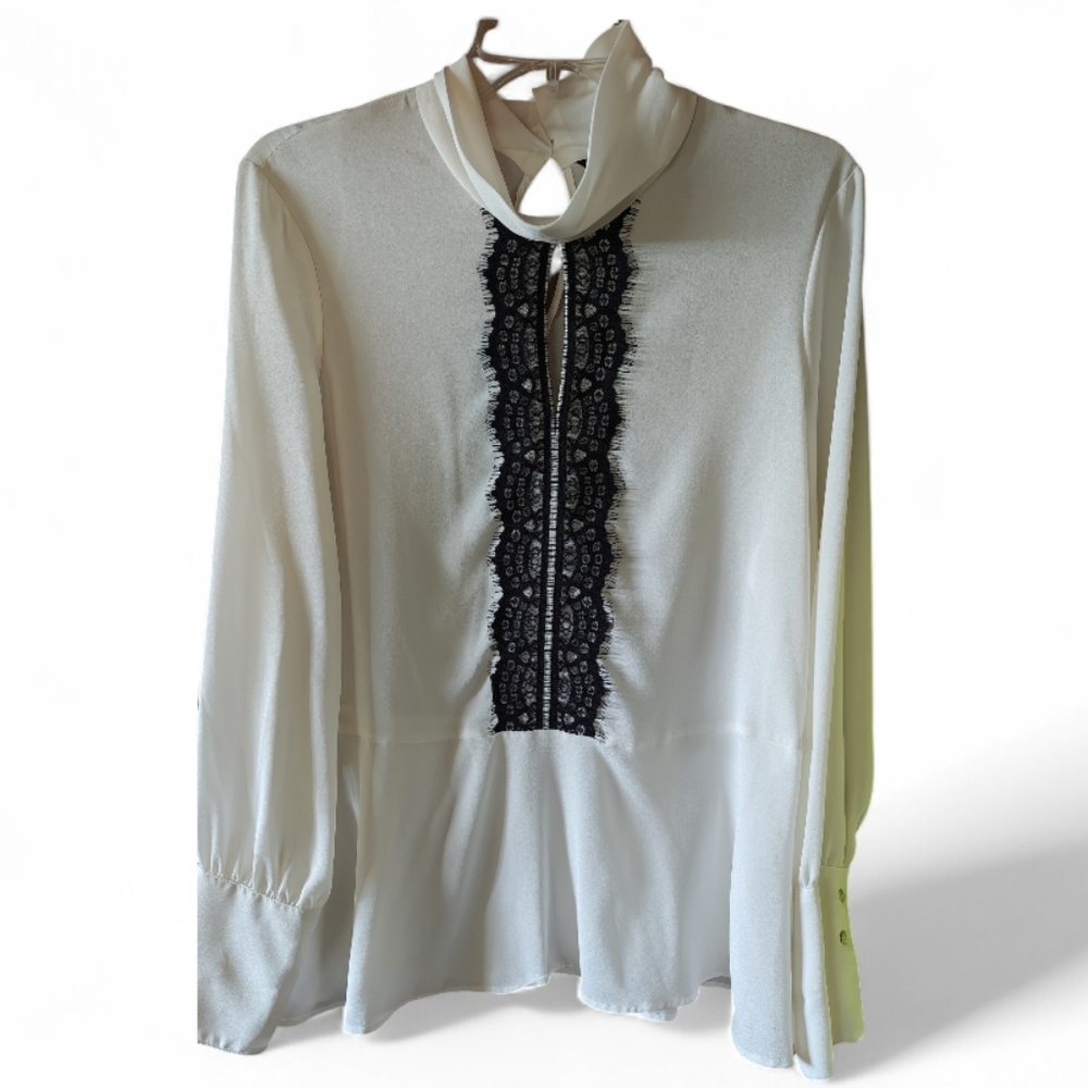 Zara Elegant White Blouse with Black Lace Detail